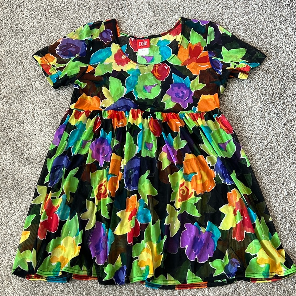Cole of California Vintage 1990s Floral Sheer Mesh Swim Cover Dress‎ Top S/M Y2K